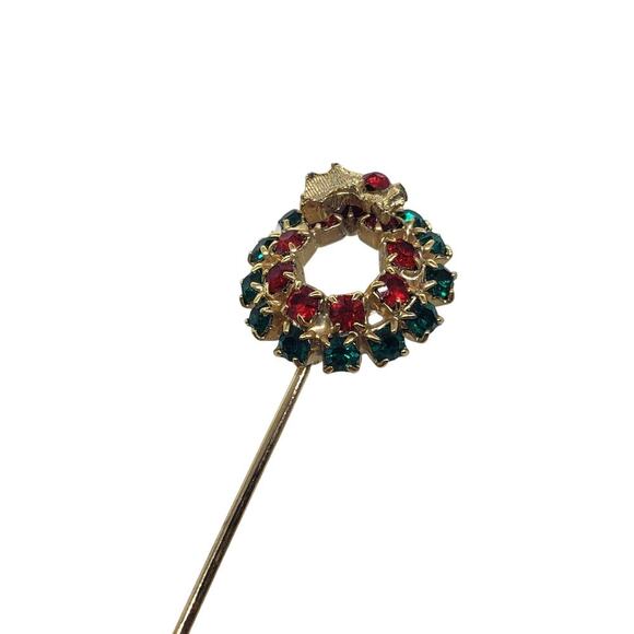 Vintage Christmas Wreath Stick Pin Rhinestone Gold Tone Holiday Lapel Brooch - Picture 9 of 9